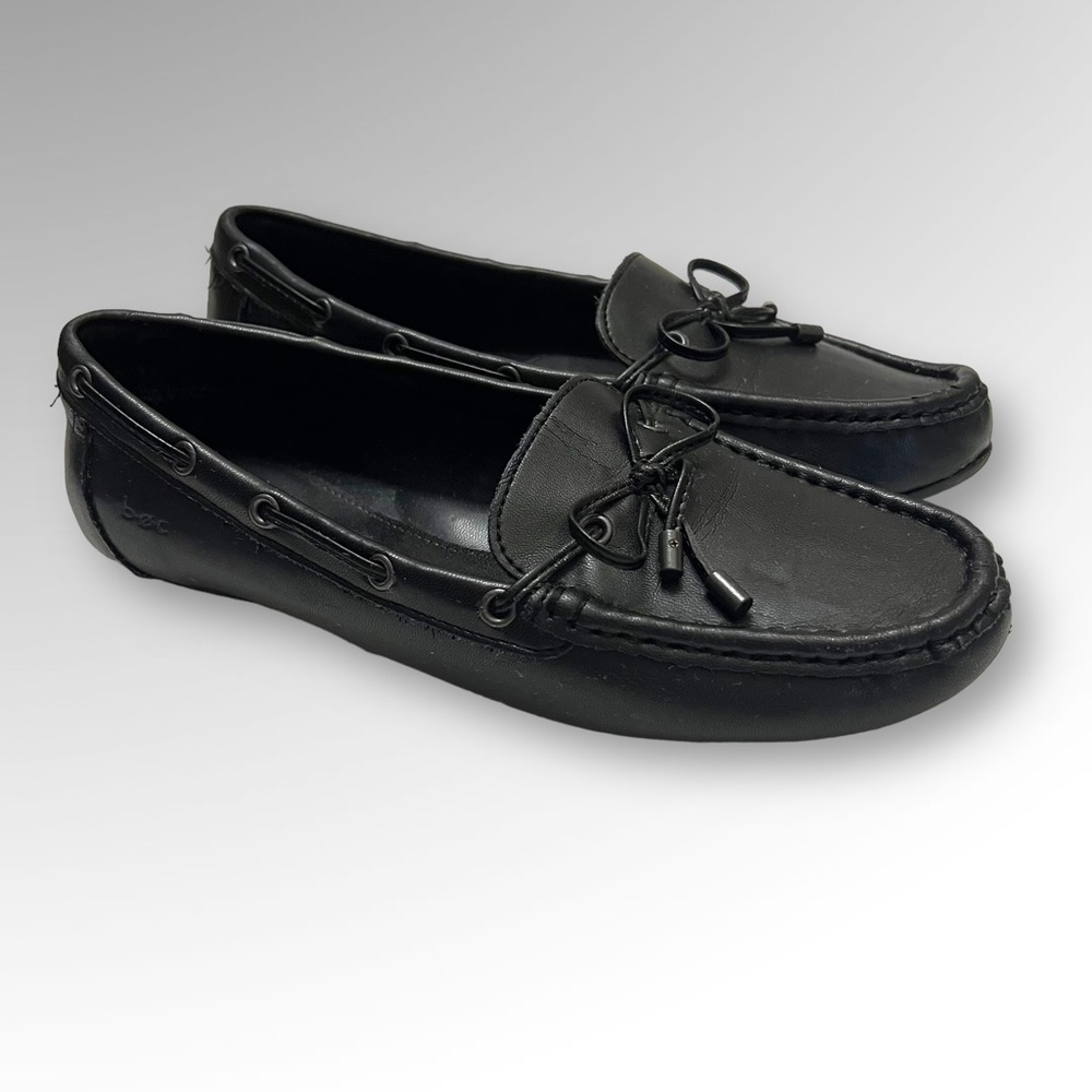 Black Faux Leather Boc Shoes. Bow Detail Slide On Loafers.